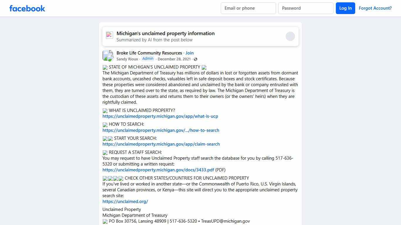 Broke Life Community Resources 💵 STATE OF MICHIGAN’S UNCLAIMED PROPERTY 💵 Facebook